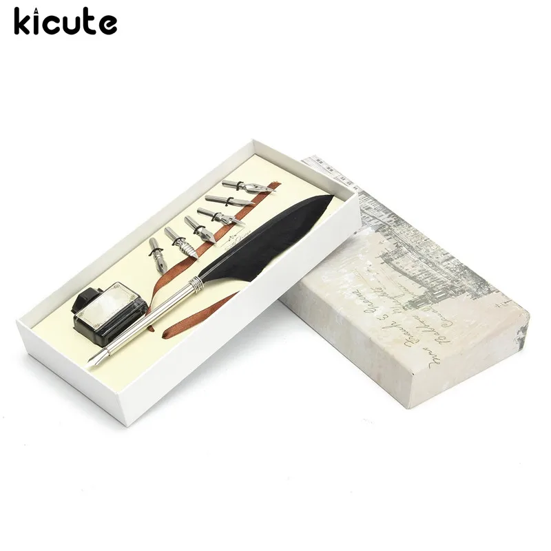 

Kicute Vintage Goose Feather Quill Pen Metal Nibs Dip Writing Black Ink Set Stationery Gift Box With 6 Nib Collectable Supplies