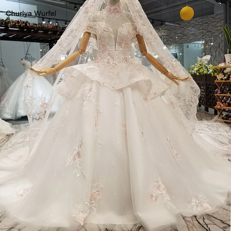 

LS961211 color flowers cheap wedding dress with peplum off the shoulder sweetheart bridal dress with veil and beaded necklace