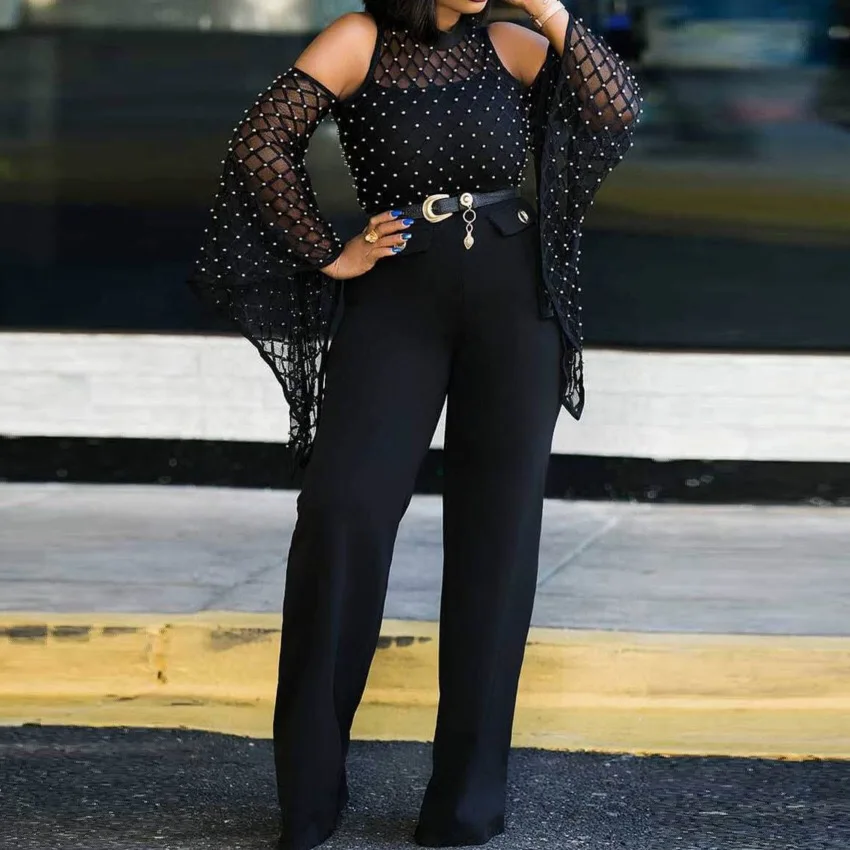 

2019 European new hot selling Shoulder beads lady Jumpsuit fashion women black Jumsuit African clothes for women