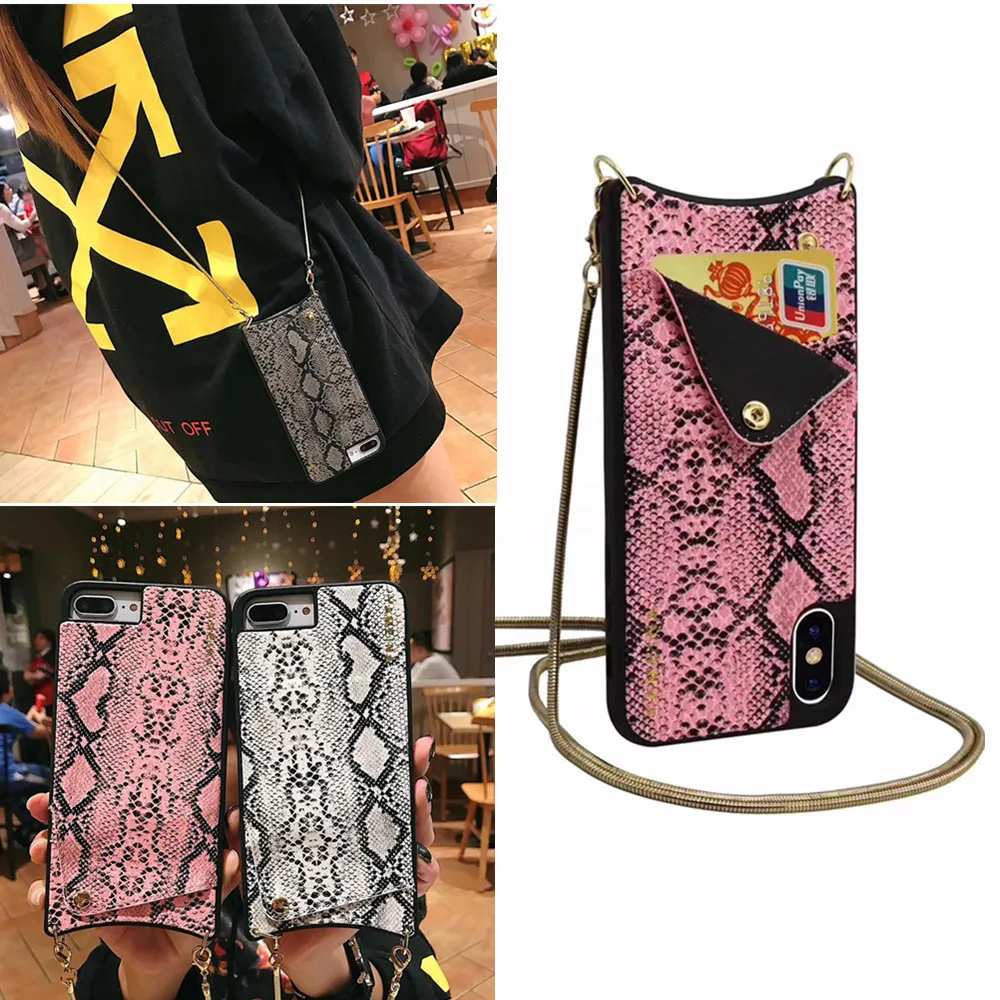

case for iphone XS MAX XR 6 6S 7 8 plus case cover luxury snake leopard wallet card with chain strap silicon phone bag capa shel