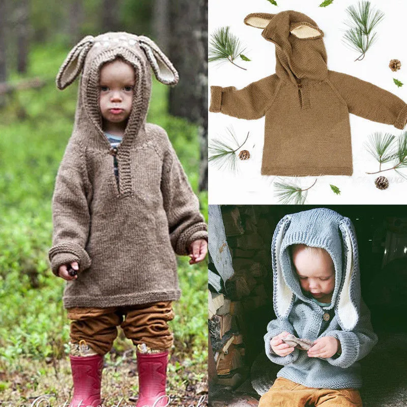 Зимнее пальто для малышей вязаный свитер с заячьими ушками, милый трикотажный пуловер для малышей, верхняя одежда