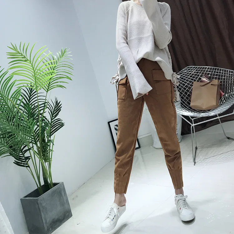 Весенние корейские высококачественные замшевые штаны-джоггеры для девочек с карманами, повседневные брюки-карго с морковкой, большие