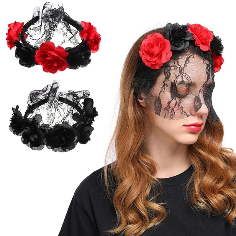 Halloween 'Day of The Dead' Rose Flower Floral Hairbands Veil Holiday