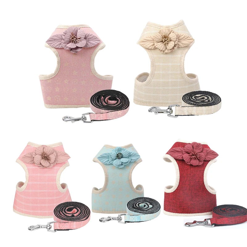 

Spring Summer Breathable Mesh Padded Pet Dog Harness Cute Flower Collar for Dogs Durable Pet Leash French Bulldog Accessories10E