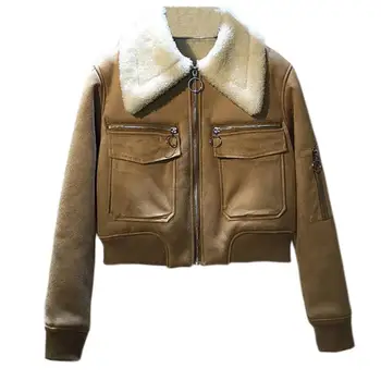 

Winter new plus velvet thick short coat women casual turn down collar lamb fur suede warm jacket