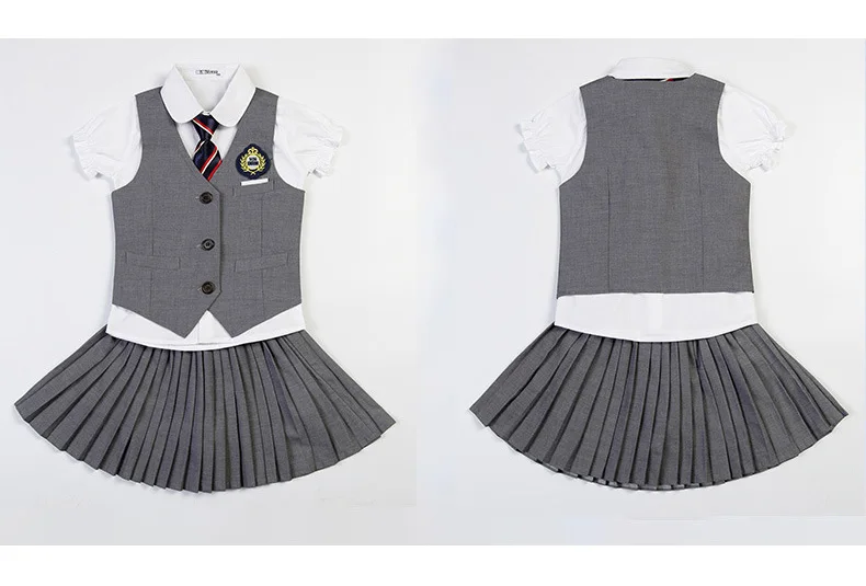 Детская Корейская японская школьная форма для девочек и мальчиков, белая футболка серая юбка, шорты, жилет с галстуком, комплект одежды, Студенческие Костюмы