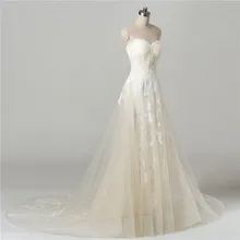 MDBRIDAL Lace Wedding Gown in Champagne Color Court Train Tulle Overlay Bridal Dress Lace-up