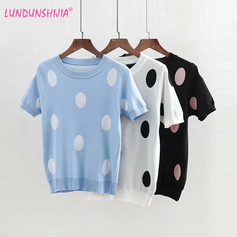 LUNDUNSHIJIA High Quality Short Sleeve Knitting Sweaters For Women 2019 Autumn Slim Pullover Top Circle Dots Female Sweater | Женская