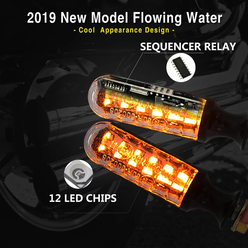 2PCS Motorcycle Turn Signals E-Mark E24 LED flashing Signal Flowing Water Built-in Relay 12LED Blinker Auto Indicators