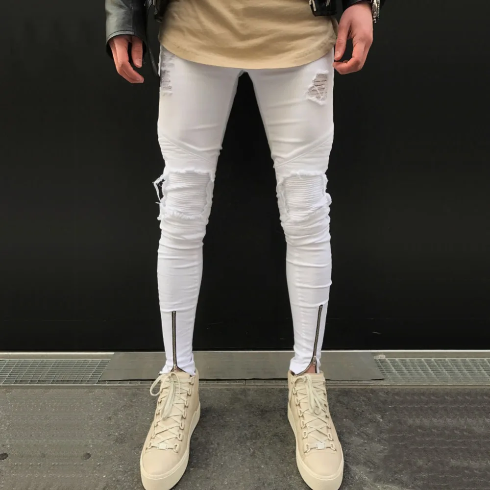 Helisopus Mens Zipper Distressed Jeans Washed Pleated Spliced Jeans