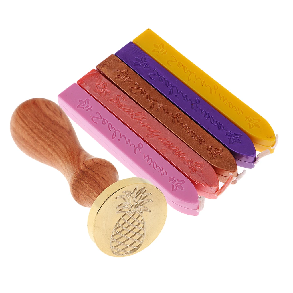 Wooden Handle Sealing Wax Coin Stamp Seal Pineapple+5 Wax Stick for Xmas Card