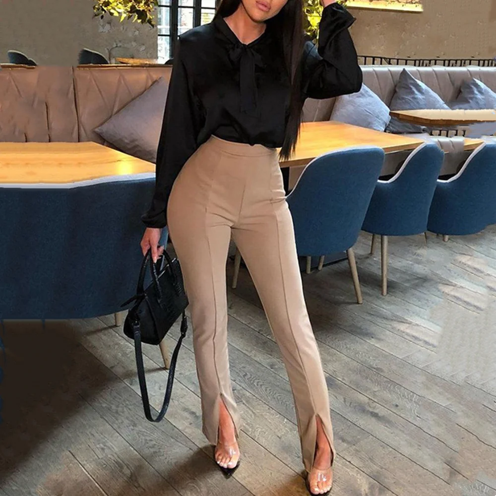 

Female High Waist Summer Women Pants Split Skinny Solid Trouser Sexy Elastic Waist Flare Pants Office Lady Robe Femme Trousers