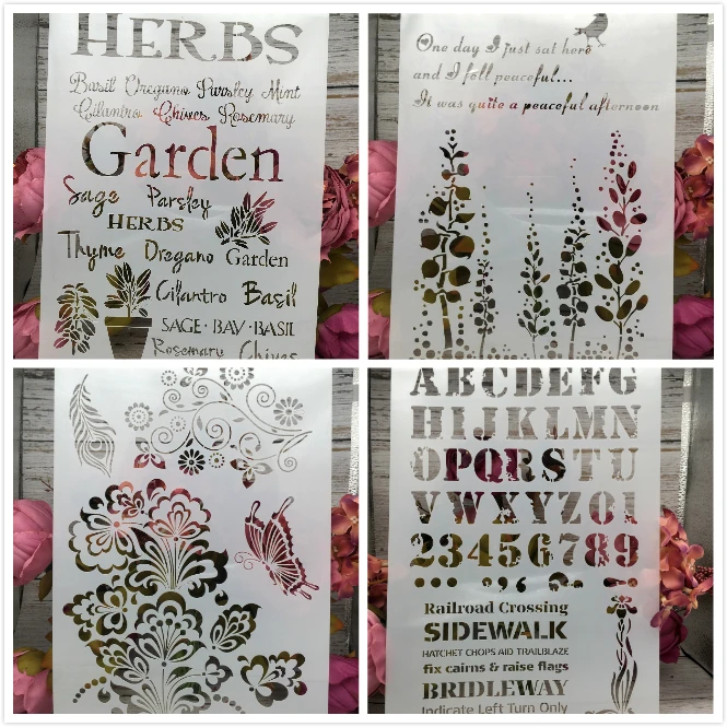 

4Pcs/Set A4 Alphabet Garden Butterfly DIY Layering Stencils Painting Scrapbook Coloring Embossing Album Decorative Card Template