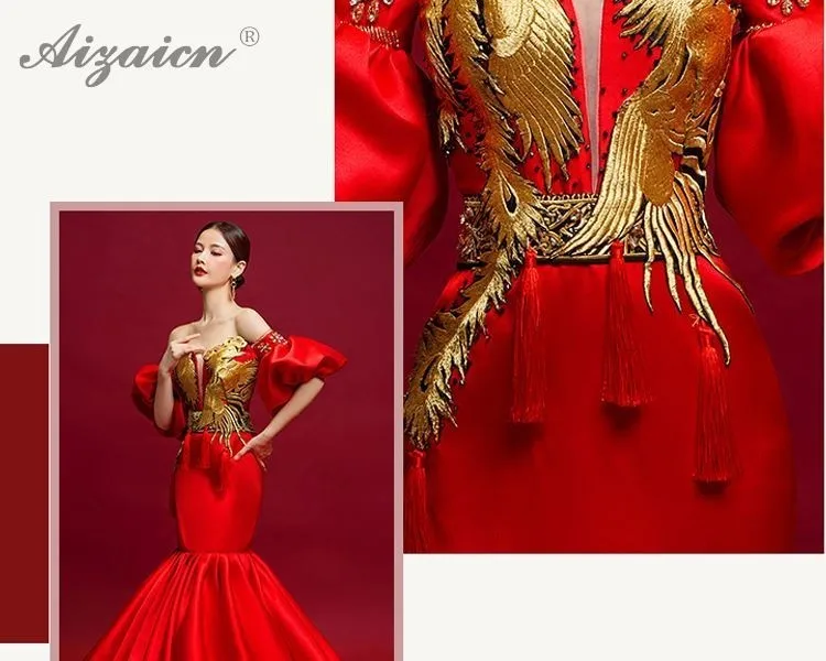 Модные красные без плечо длинный Cheongsam платья Chinoise Русалка этап шоу платье Ци Пао Для женщин Китайский вечернее платье Хост Qipao