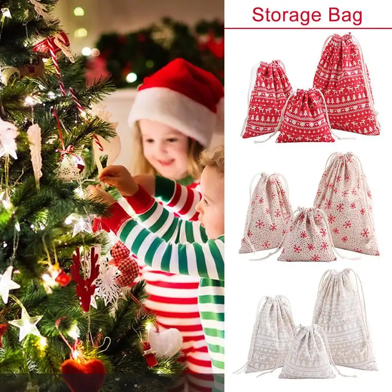 

Christmas Storage Bag Drawstring Cotton Gift Bag Cartoon Printing Snowflake New Year Xmas Candy Gift Bag 3 Size