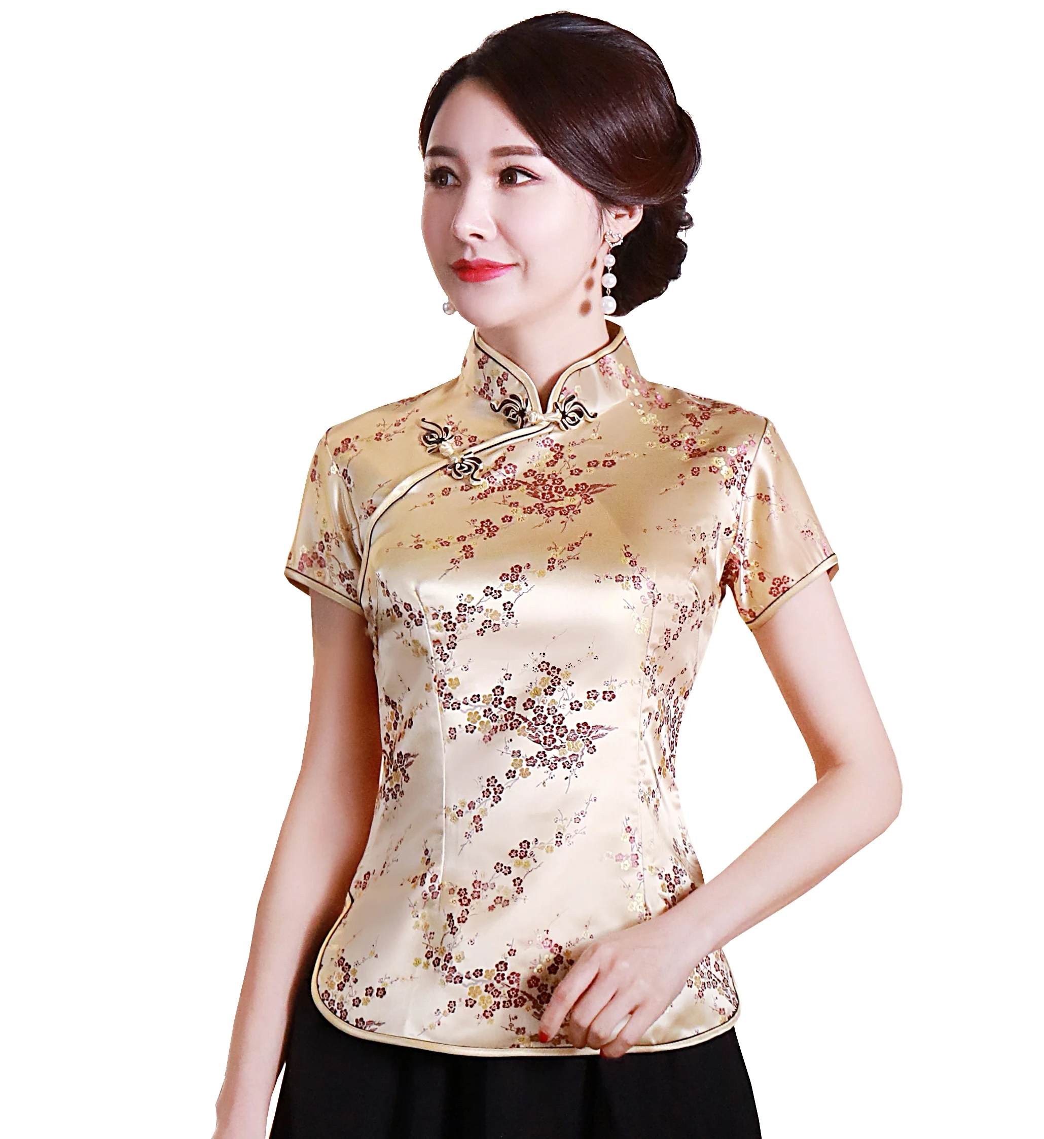 Шанхай история короткие Cheongsam Топ Традиционный китайский искусственный шелк/Атласный топ Дракон и Феникс Вышивка Блузка Топ Qipao рубашка