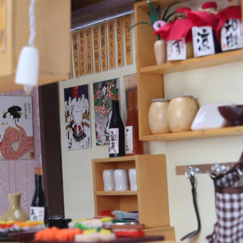 DIY Doll House Sushi Restaurant Handmade Craft Toys 3D Wooden Miniature Dollhouse with Furnitures Assemble Kits Toy Gift DIY Doll House Sushi Restaurant Handmade Craft Toys 3D Wooden Miniature Dollhouse with Furnitures Assemble Kits Toy Gift
