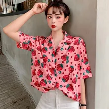 Новые женские блузки, праздничные повседневные топы с коротким рукавом, женская рубашка с принтом клубники, Корейская летняя модная женская одежда