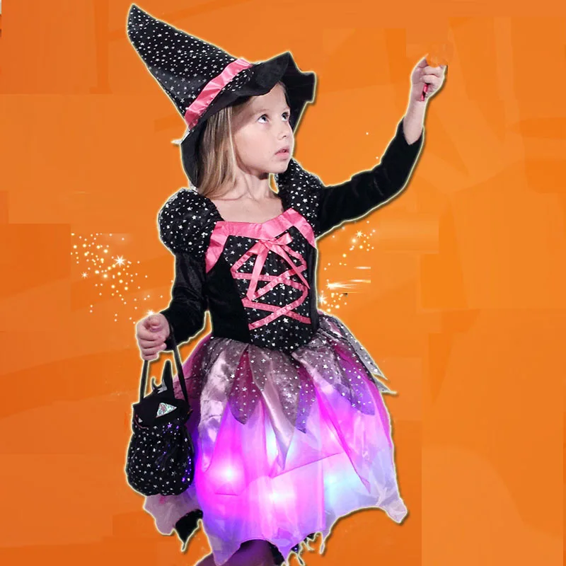 

Children Girls LED Light Witch Cosplay Costume Kids Stage Performance Halloween Masquerade Glowing Party Dress Festival Purim