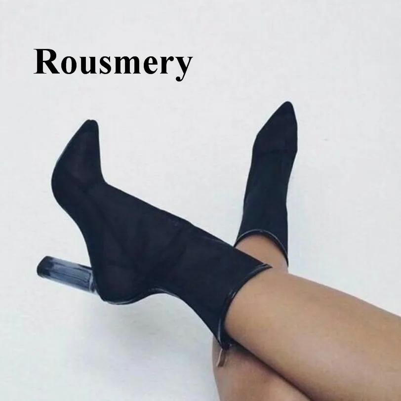 

2018 Popular Transparent Mesh Fashion PVC Chunky Heel Pionted Toe Rear Zipper Summer Five Color Women Ankle Boots Normal Size