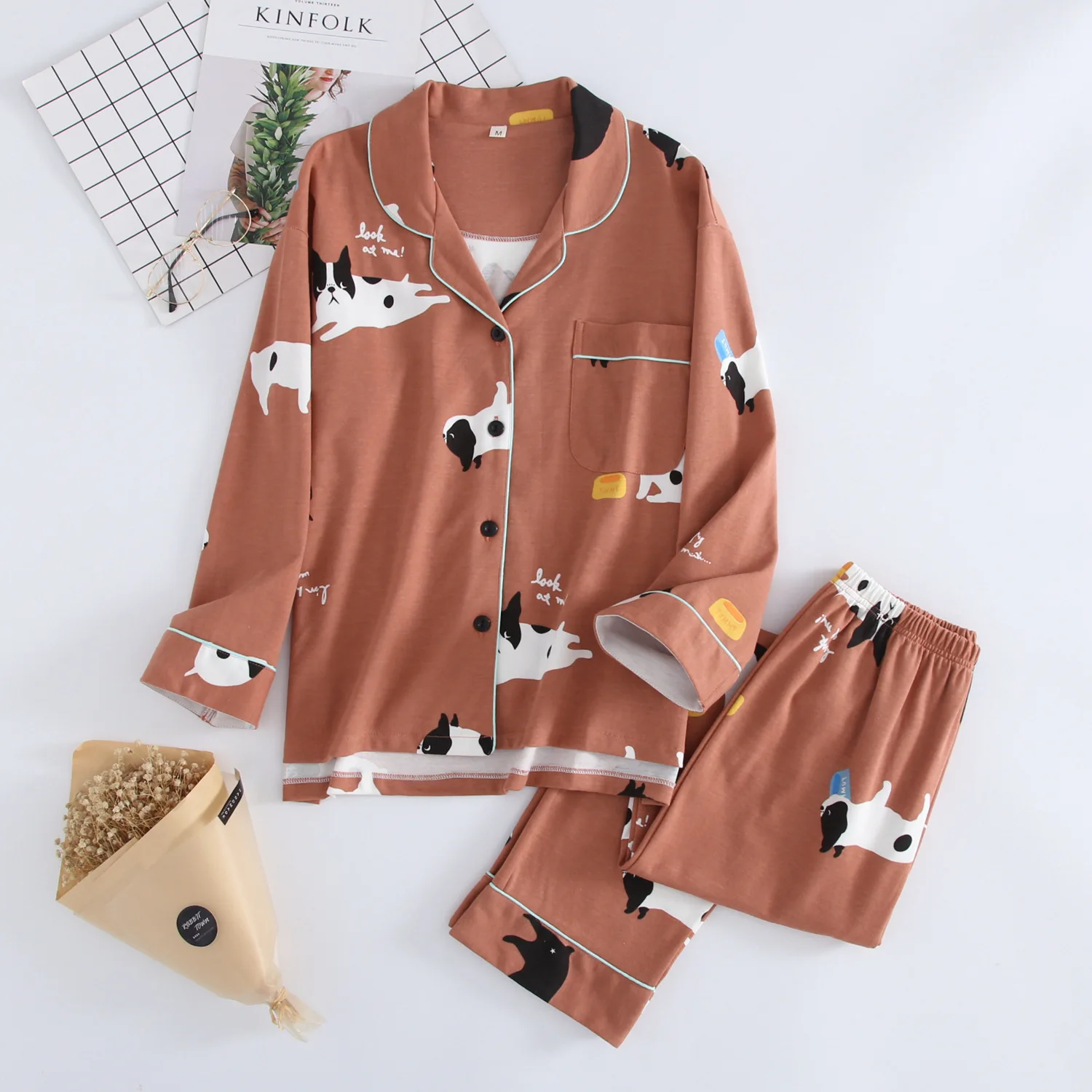 New Cute dogs sleepwear women pajamas sets spring knit cotton long-sleeved homewear female nightgown women pyjamas - Цвет: Коричневый