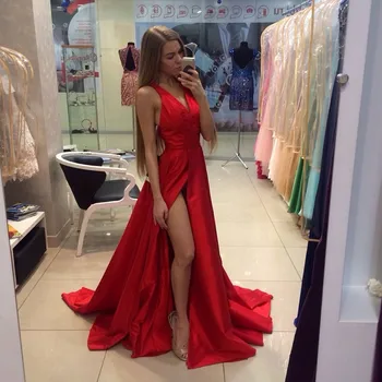 

Hot A line V Neck Red Long Woman Prom Dresses For Formal Dress High Slit Evening Gowns