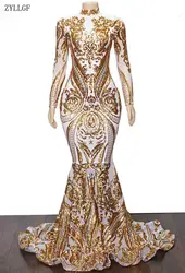 ZYLLGF длинное платье для выпускного вечера es 2019 блестящее с высоким воротом Золотое блестящее сексуальное Белое Русалка Африканское женское