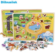 Новая деревянная магнитная головоломка с животными и дорожным автомобилем, Детская игра для раннего обучения, Обучающие игрушки, пазлы для детей