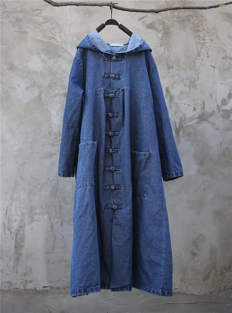 ORIGOODS, Синее джинсовое длинное пальто с капюшоном для женщин, весна, осень, зима, винтажный Тренч, длинная верхняя одежда, женский халат ведьмы, Femme D039 - Цвет: Синий