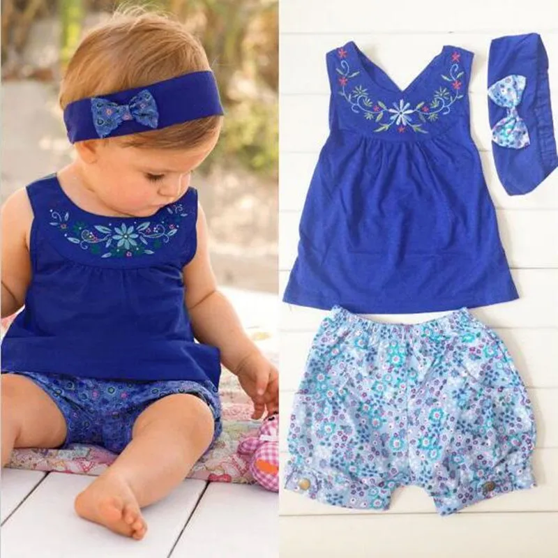 HIGH QUALITY 3 pcs toddlers infant girl baby girl clothing sets summer clothes Dress+Shorts+Headband baby outfit