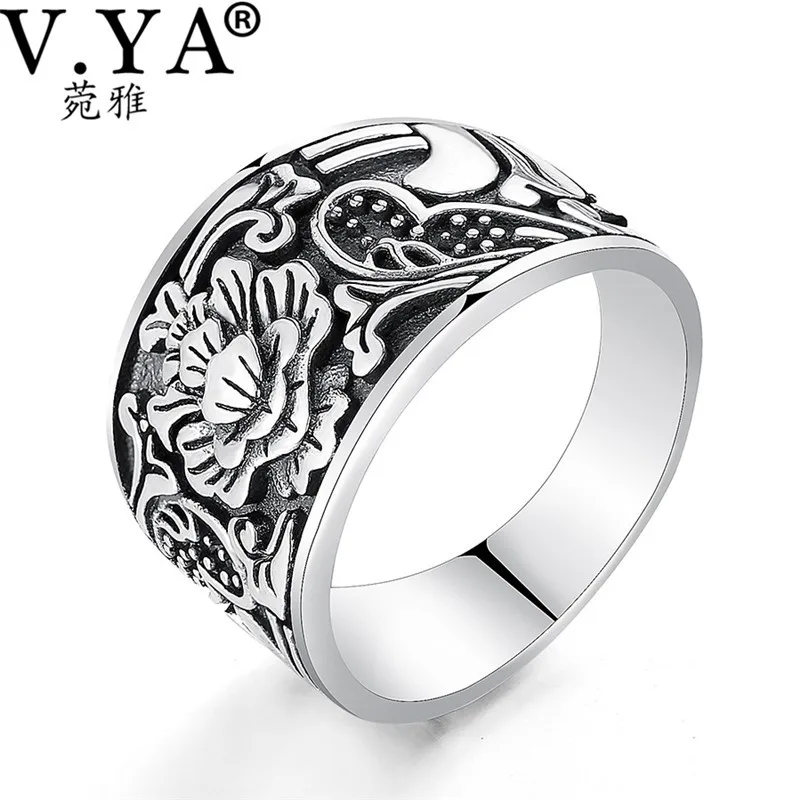 

V.YA Vintage Solid 925 Sterling Silver Ring Men Jewelry Romantic Flower Thai Silver Ring for Women Male Lovers