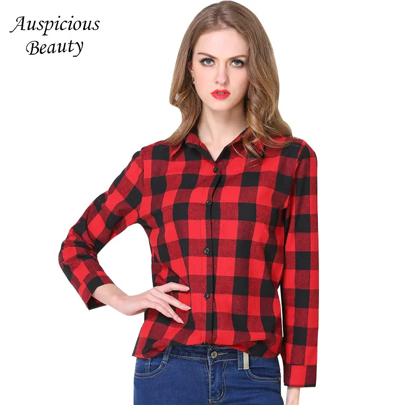 Women Plaid Shirt Buttons Spring Long Sleeve Checked Blouse Ladies