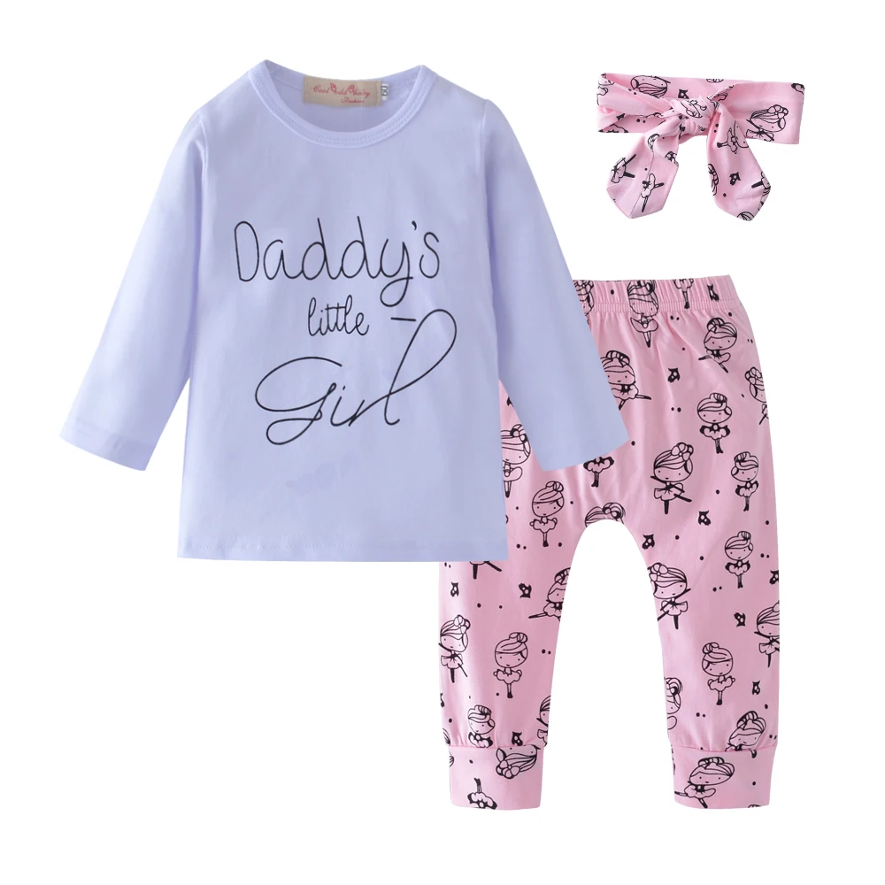 3 предмета, Одежда для новорожденных и маленьких девочек хлопковая футболка с длинными рукавами и надписью «Daddy's Little girl»+ штаны+ повязка на голову, комплект одежды для девочек