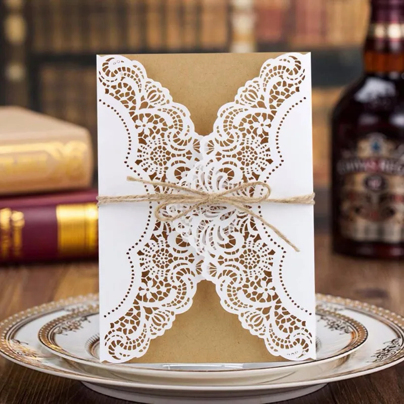  Elegant Hollow Greeting Card 24pcs Laser Cut Wedding Invitations Cards Custom Inner Paper With Ribb - 32856740121