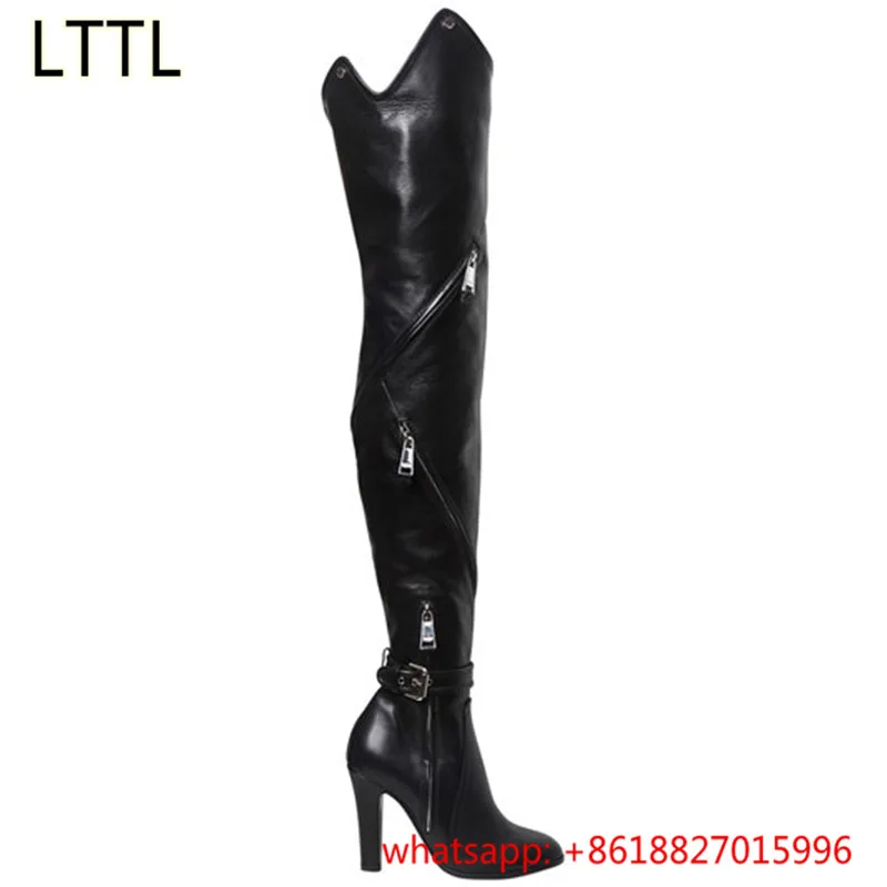 Noir Sexy Moto En Cuir Cuissardes Bottes De Mode Zipper Slim Hauts Talons Sur Le Genou