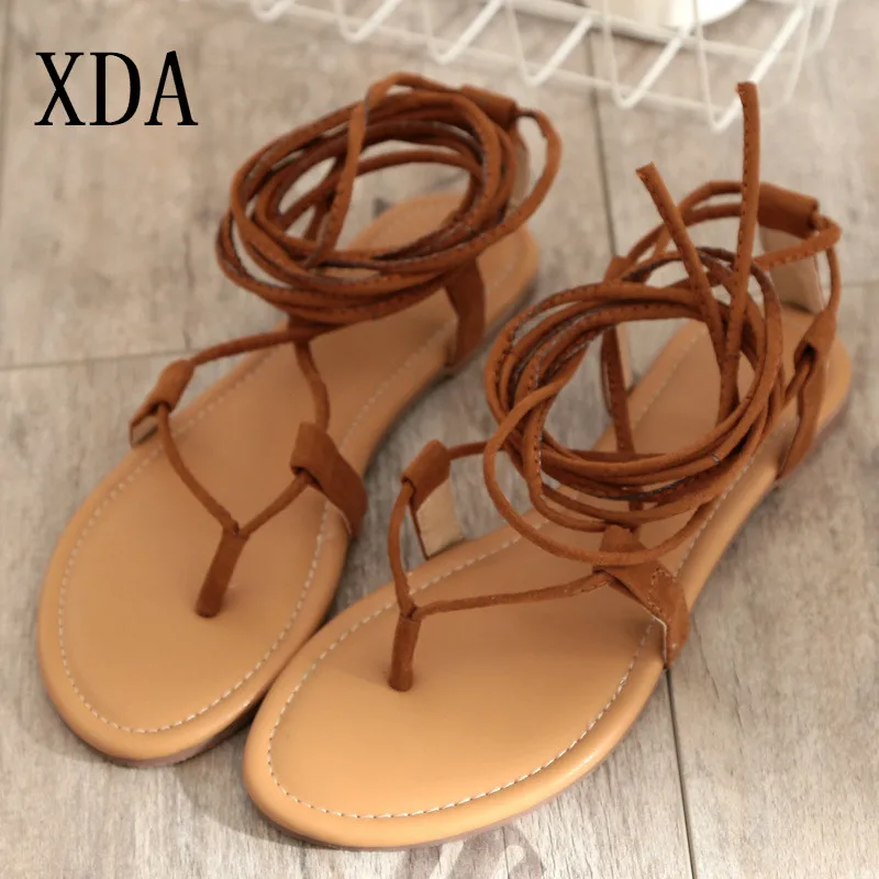

XDA 2019 Summer Roman Sandals Cross-Strap tall knee high Thong Nubuck Women Sandals Flip flops Black Apricot Brown sandals D301