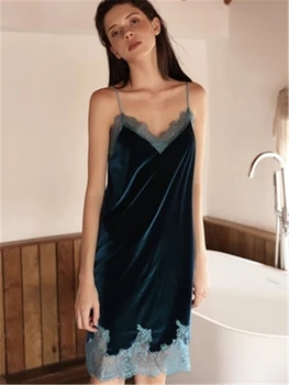 

RY-For autumn and winter, the lady with golden velvety sexy nightgown with lace and halter top can be worn outside the home