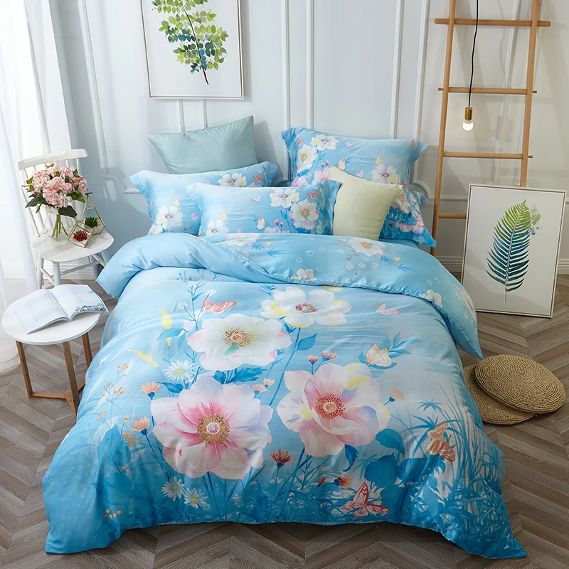 

Colorful Flowers and Green Leaf Bedding Set Queen King Size Soft Tencel Summer Bed Sheets Duvet Cover 200*230 220*240cm