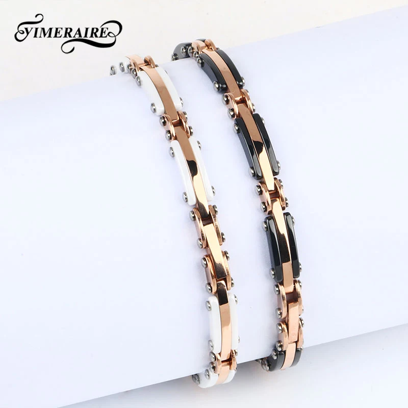 Новинка 585, женский браслет из розового золота, черный, белый, керамический, гладкий, нержавеющая сталь, элегантный браслет, модные ювелирные изделия, подарки, высокое качество