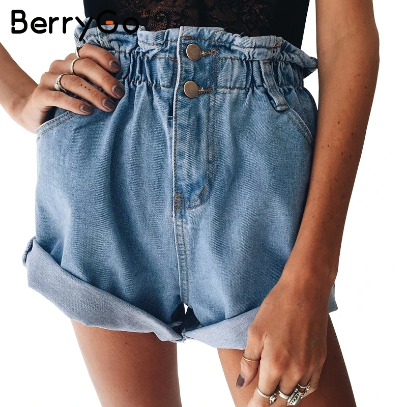Buy BerryGo Casual blue hemming denim shorts Women