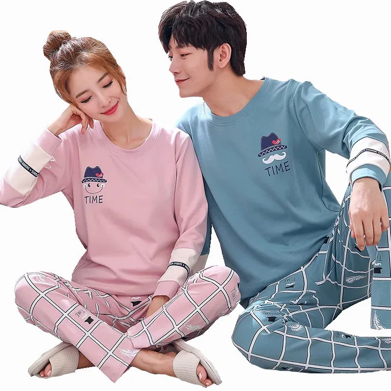

Spring And Autumn Lover's Pajama Set Cotton Men And Women Couples Sleepwear All-cotton Korean Style Comfort Leisure Housewear