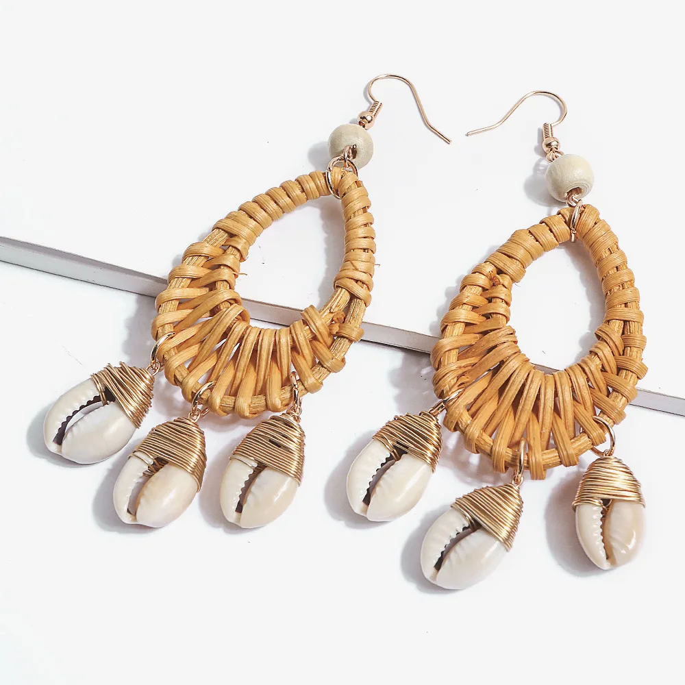 

Trendy Bohemia Big Earrings for Women Shell Drop Earrings Handmade Straw Weave Rattan Oval Ocean Wind Bamboo Earrings Jewelry