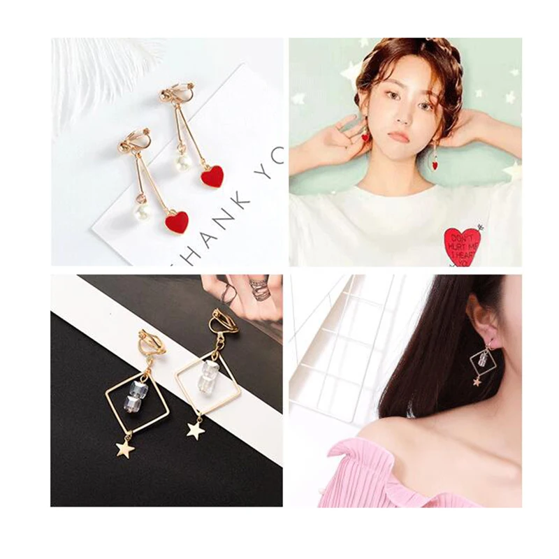 

GRACE JUN Clip on Earrings No Pierced Fashion Luxury Korea Style Heart Star Geometric Bead Clip Earrings for Women Charm Jewelry