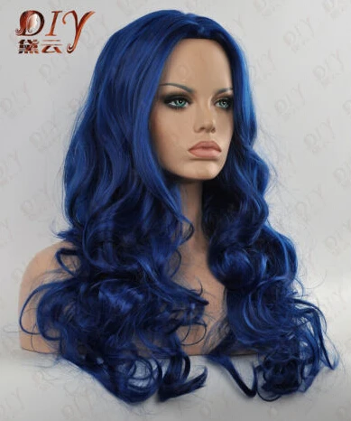 free shipping ePcket (USPS) Blue Fluffy Stylish 24&quot Long Curly Wig Cosplay Heat Resistant Full Hair Wigs |