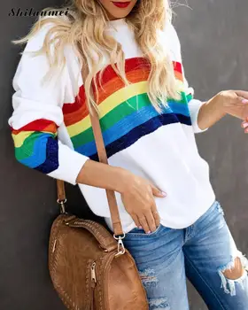 

2018 Runway Design Rainbow Striped Winter Knitted Sweaters Women Harajuku Long Sleeve Loose Pullovers Tops Autumn Femme Jumper