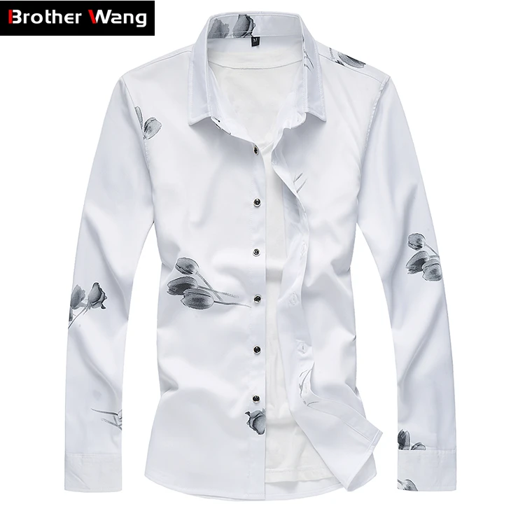 3 Colors Autumn New Men's Casual Shirt Floral Print White Long Sleeve Shirt Male Brand Clothes Plus Size 5XL 6XL 7XL