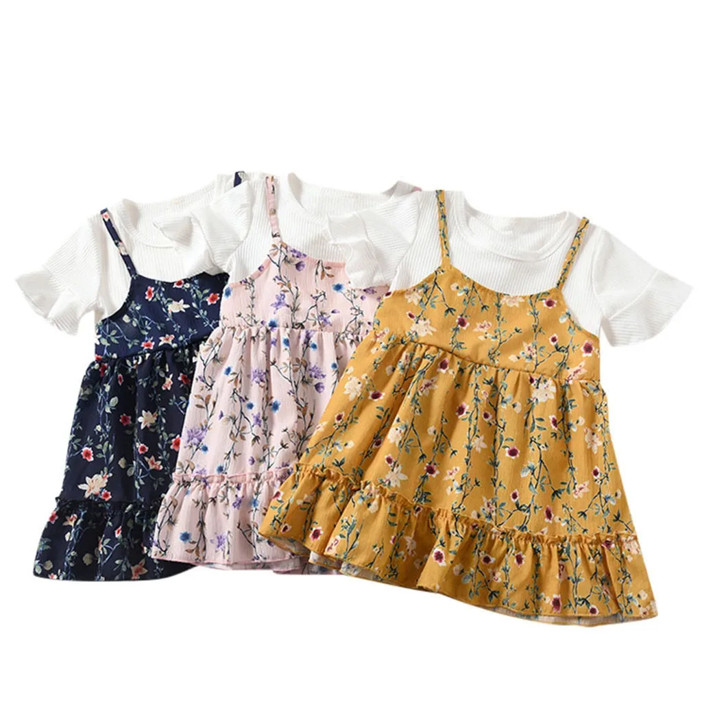 Комплекты с платьем для малышей повседневные хлопковые топы с короткими рукавами для девочек, платье на подтяжках с цветами, комплект с платьем, сарафан принцессы для маленьких девочек, топы