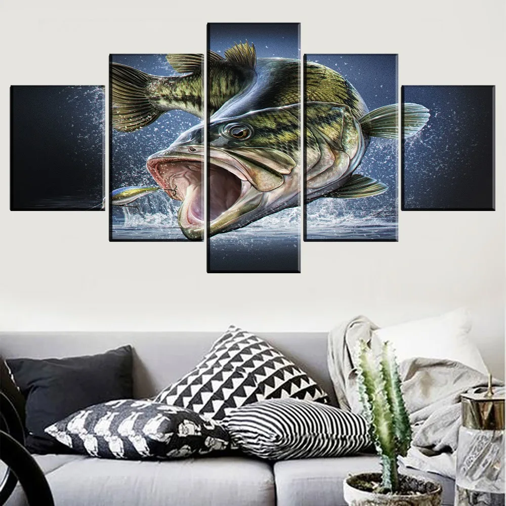 Bass Fishing Lake Fish Painting Poster 5 Panel Canvas Print Wall Art Home Decor 