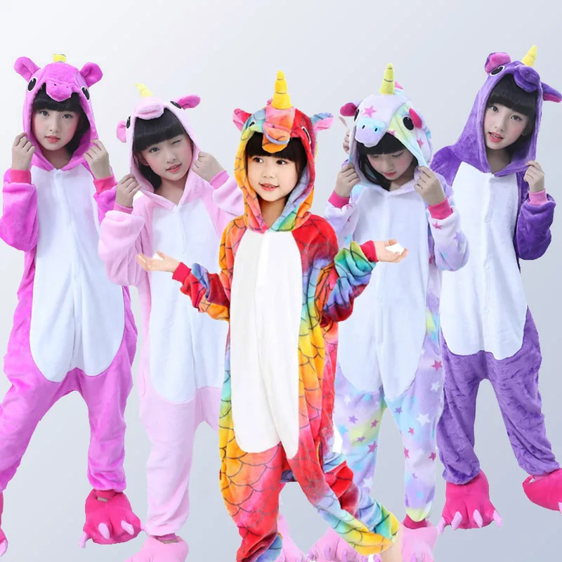 Boys Girls Children Unicorn Pajamas Animal Scale Pegasus Unicorn Pajamas Flannel Children Sleepwear for 3 5 7 10 12 Years