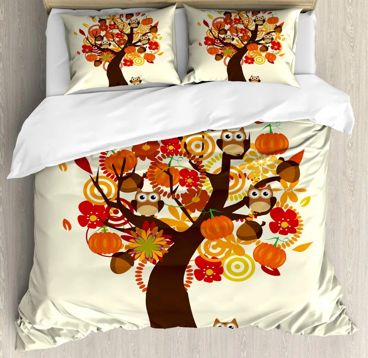 

Thanksgiving Duvet Cover Set Abstract Fall Tree Flowers Acorns Pumpkins and Owls Generous Nature Bedding Set Multicolor